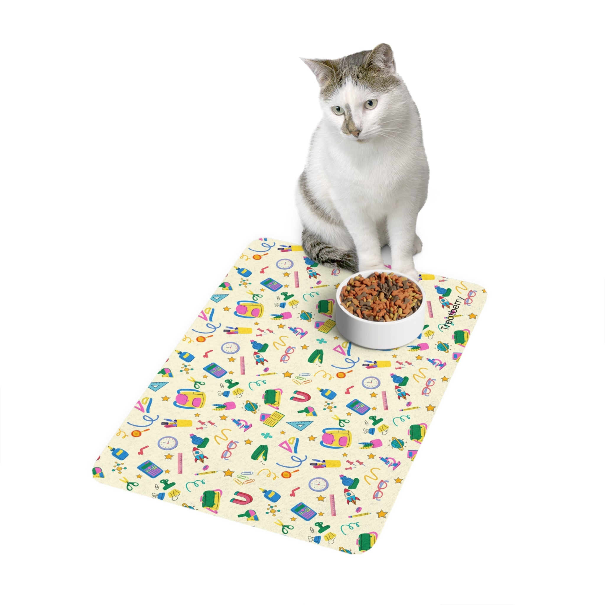 Pet Food Mat — Colorful Pet Care Pattern (12x18)