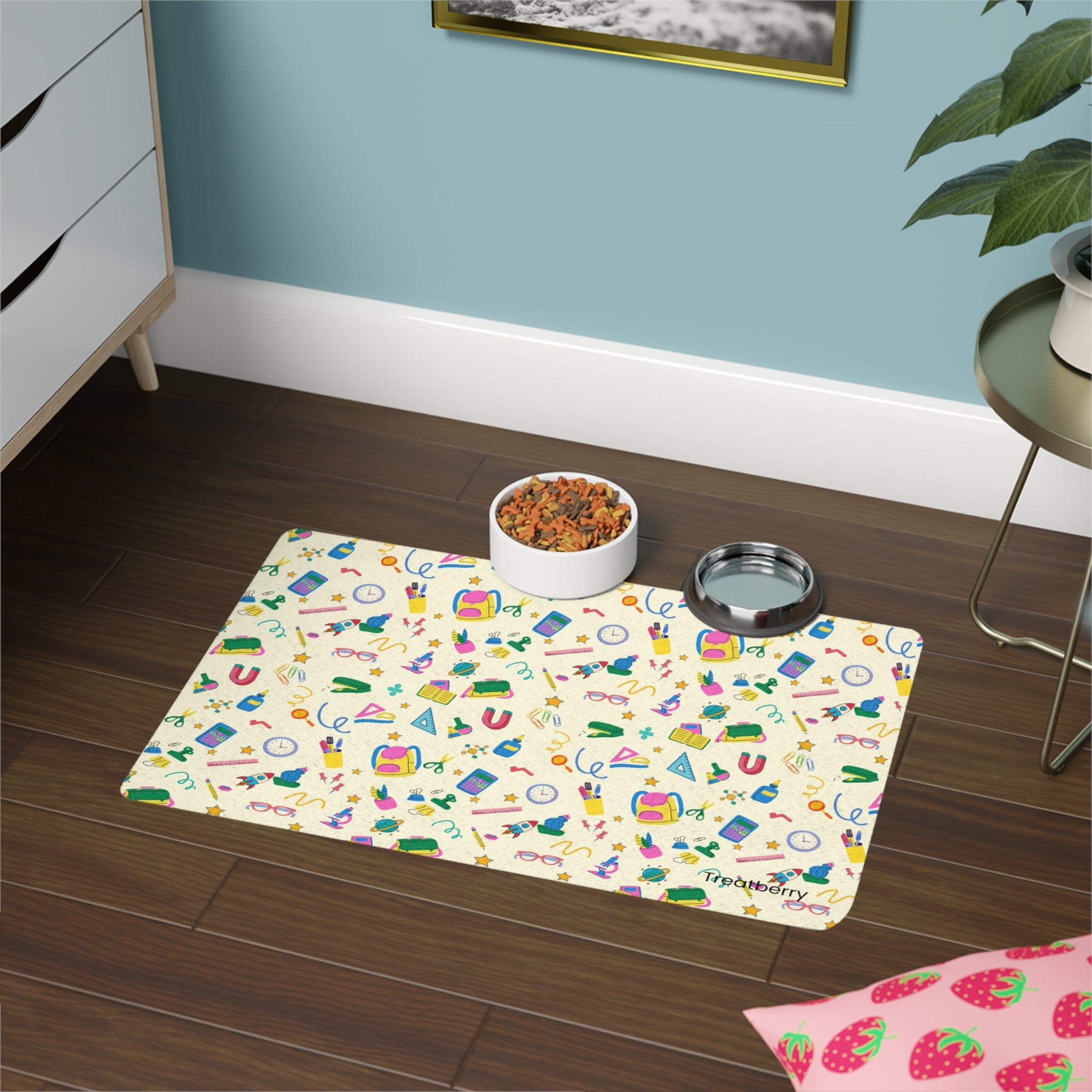 Pet Food Mat — Colorful Pet Care Pattern (12x18)